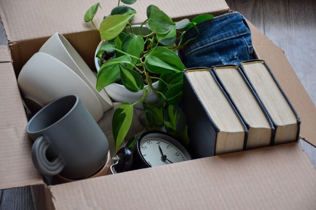 box with mug, plant, books, and clock