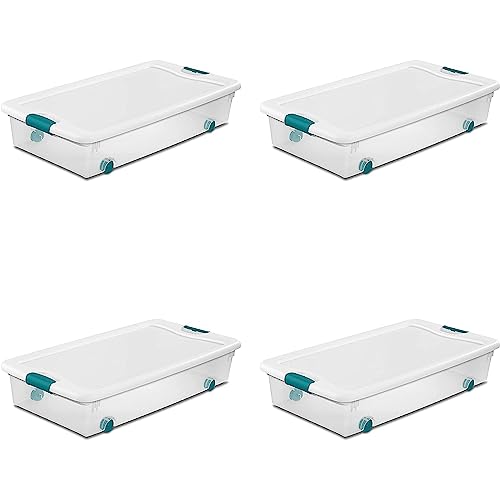 Sterilite 56 Qt Wheeled Latching Storage Box, Stackable Bin with Latch Lid, Plastic Container to Organize Shoes Underbed, Clear with White Lid, 4-Pack