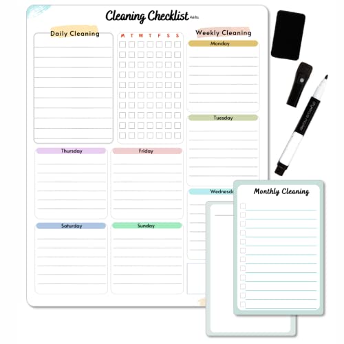Cleaning Checklist Dry Erase Magnetic Whiteboard for Refrigerator | Daily, Weekly and Monthly Cleaning Chores Planner| Cleaning List Schedule for Adults