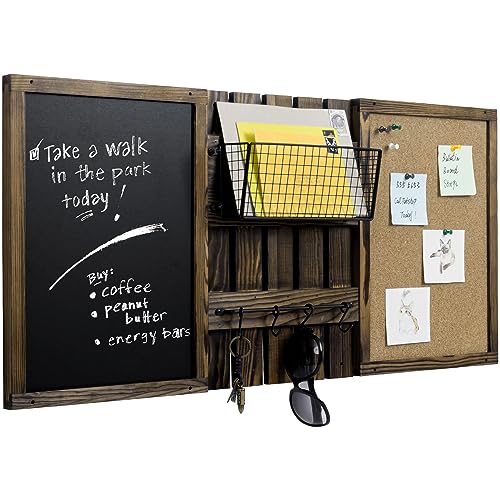 MyGift 3 Panel Wall Mounted Entryway Bulletin Board Combo Set with Rustic Burnt Solid Wood Frame with a Chalkboard, Cork Board, Black Metal Mail Basket, and Hanging Rail