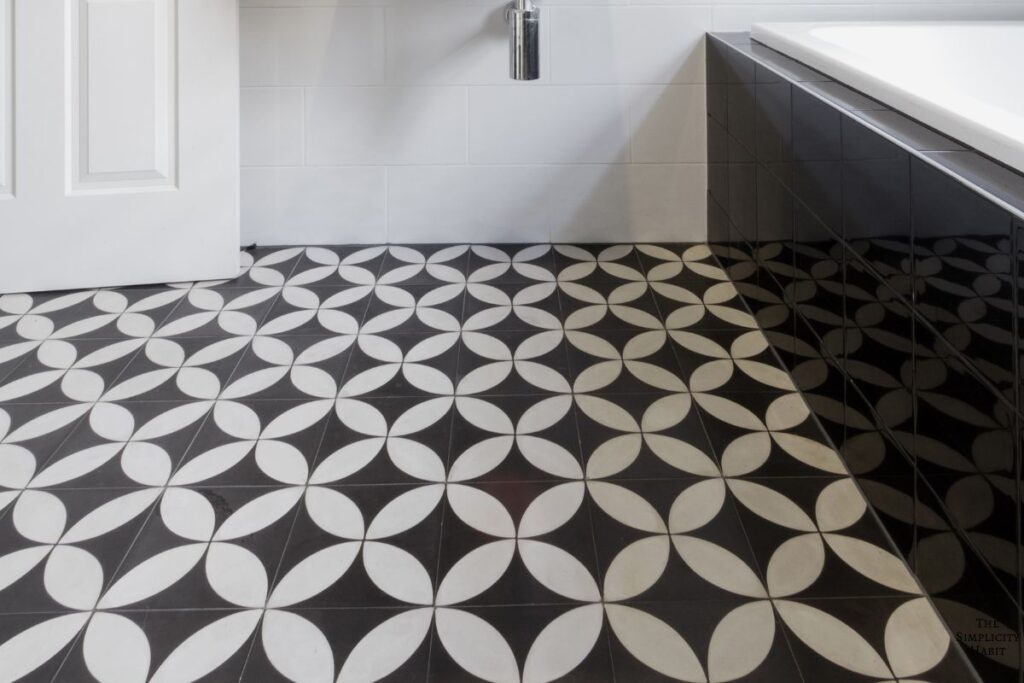 black and white patterned bathroom floor