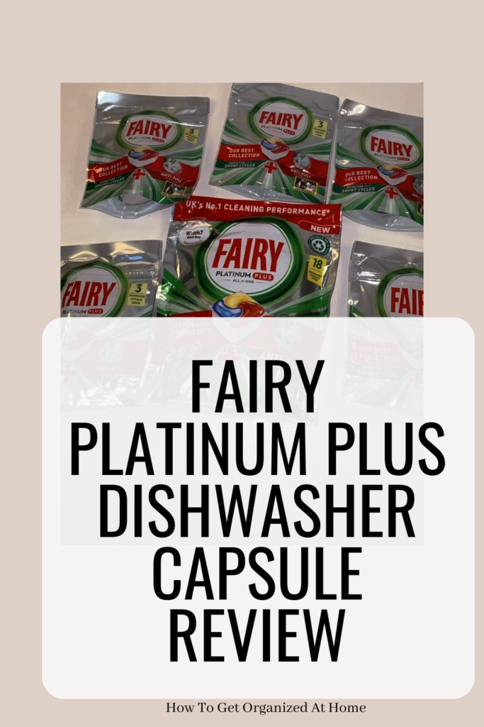 An image of the dishwasher tablets with the words below: Fairy Platinum Plus Dishwasher Capsule Review