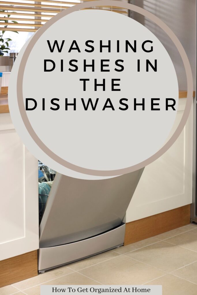 The words 'Washing Dishes In The Dishwasher' is in a circle above an image of a dishwasher in a kitchen.