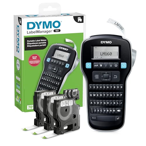 DYMO LabelManager 160, Portable Label Maker Bundle, QWERTY Keyboard, Large Display, 20+ Format Options, 200+ Symbols, Includes 3 D1 Cassettes for Home & Office Organization