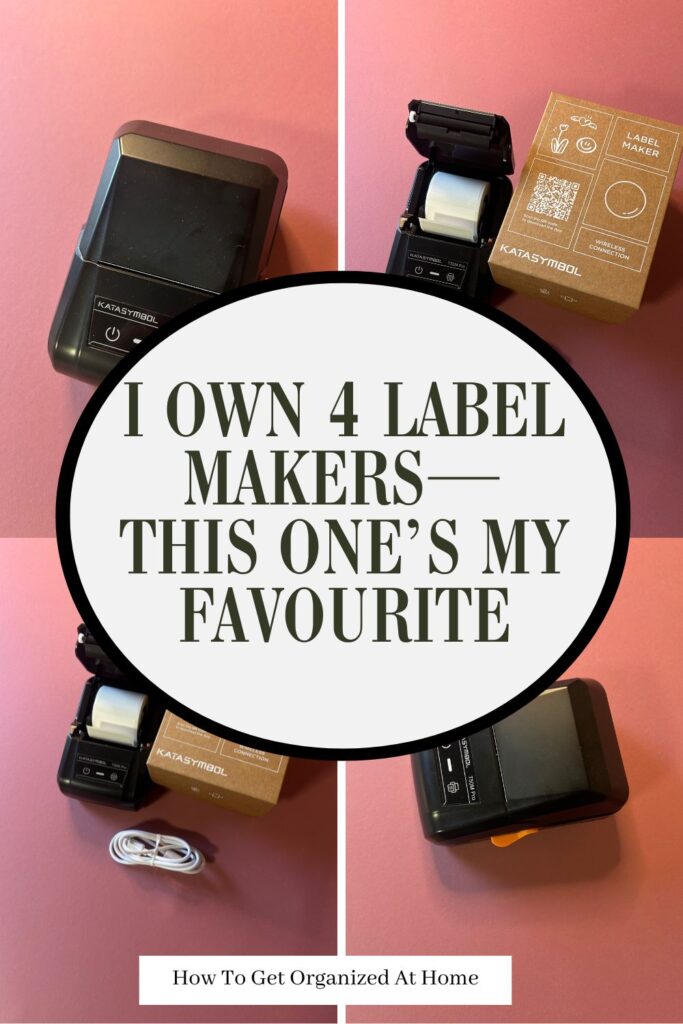 the words ‘I Own 4 Label Makers—This One’s My Favourite’ are in the middle in a wite circle with 4 images of the Katasymbol label maker all around