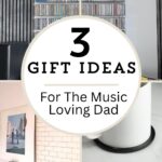 The words ‘3 gift ideas for the music loving dad’ are in a circle with 3 images surrounding the circle one of vinyl's on the wall, one showing a metal artwork above music collection and vinyl coasters.