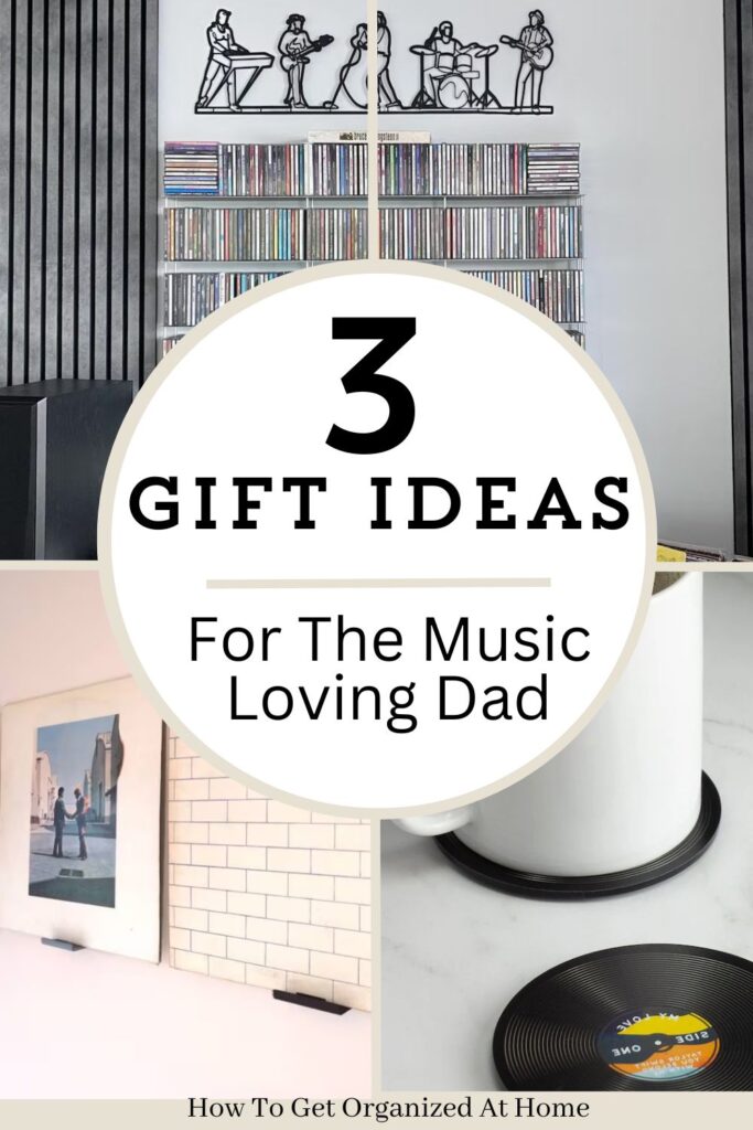 The words ‘3 gift ideas for the music loving dad’ are in a circle with 3 images surrounding the circle one of vinyl's on the wall, one showing a metal artwork above music collection and vinyl coasters.