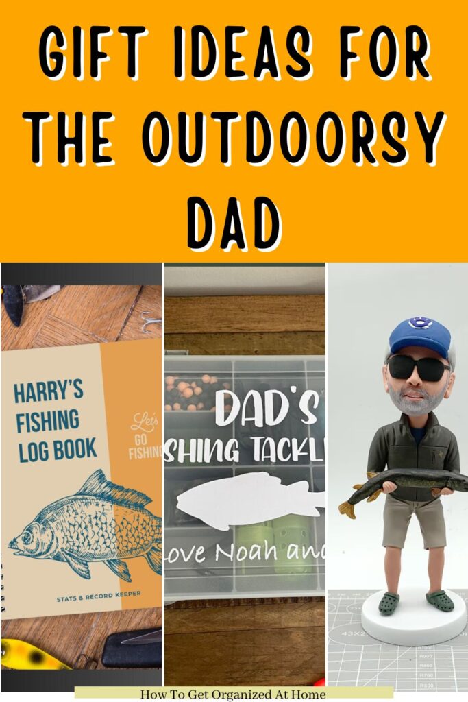 Images of a bobblehead person holding a fish, fishing tackle box, and Harry’s fishing log book with the words gift ideas for the outdoorsy dad
