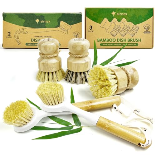 AIRNEX Bamboo Dish Brush Set - 3 Pack Sisal & Coconut Medium and Hard Bristles & 2 Pack Dish Brushes with Handle - Non-Scratch, Odor-Free, Quick-Drying Kitchen Scrubbers for Dishes, Pans, Pots & Sink