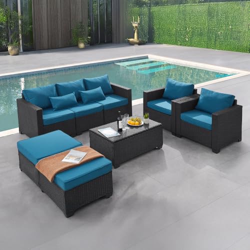 wudipatio 6 Pieces Outdoor Patio Furniture Sets with Furniture Cover, PE Rattan Wicker Patio Conversation Set with Tea Table (Peacock Blue, Rattan Storage Table)