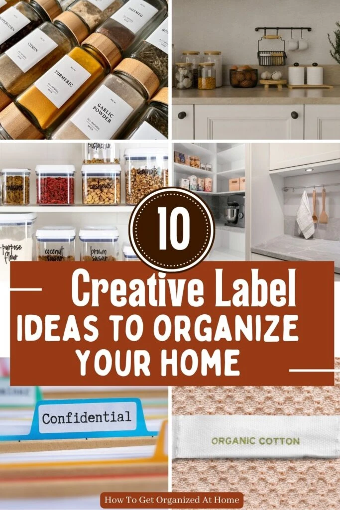 6 pictures of different ways to use labels in your home with the words ‘10 Creative Label Ideas to Organize your home’ on top of the images.