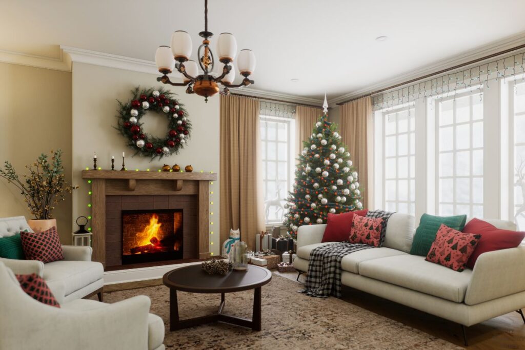 living room decorated for Christmas