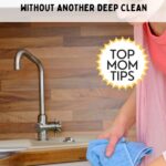 the words 'Keep your kitchen clean without another deep clean!'. An image of a women mind cleaning the kitchen.