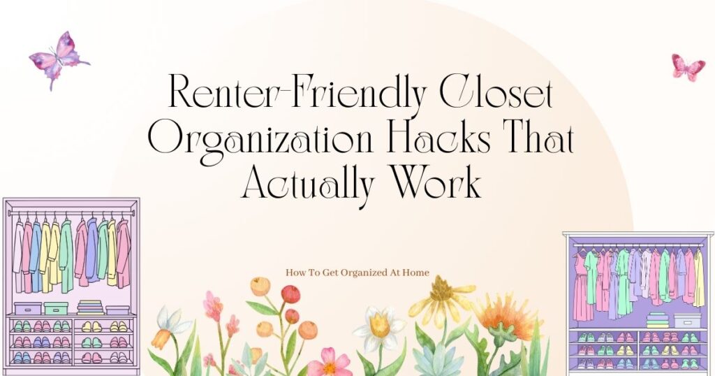 A soft-toned graphic titled 'Renter-Friendly Closet Organization Hacks That Actually Work' featuring watercolor flowers, butterflies, and illustrations of organized wardrobes. The brand name 'How To Get Organized At Home' is centered below the title against a light, arched background.